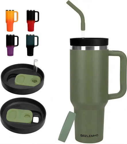 Miniatura 9 de Vaso térmico de 40 onzas con asa y pajita, tapa 2 en 1 a prueba de derrames y fugas, taza de viaje aislada, mantiene frío y caliente, apto