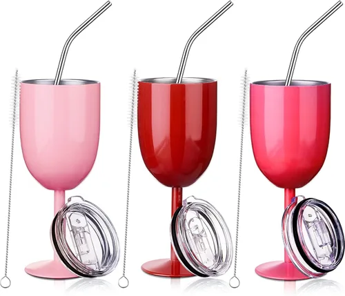Miniatura 8 de Geiserailie - Paquete de 3 copas de vino de acero inoxidable de 10 onzas con tapa y pajilla, vaso de vino con aislamiento de doble pared con cepillo