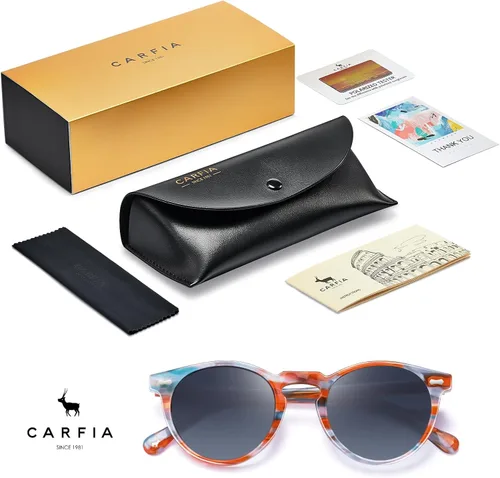 Miniatura 69 de CARFIA Gafas de sol polarizadas de acetato redondo para mujer, protección UV de cara pequeña con funda de cuero CA5288