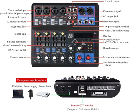 Miniatura 3 de Dj Mixers - Mezclador de audio de 8 canales con Bluetooth, interfaz de audio USB con grabación de tarjeta de sonido y 48 V Phantom Power Sounds