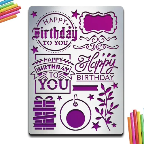 Miniatura 10 de MAYJOYDIY Plantillas de metal de feliz cumpleaños, plantilla de diario de metal, feliz cumpleaños, pastel, número, velas, marcapáginas, plantillas