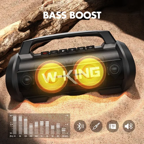 Miniatura 7 de W-KING Altavoz Bluetooth portátil con micrófono inalámbrico, 120 W pico 70 W RMS altavoces Bluetooth impermeables para exteriores, graves 110 dB, 42