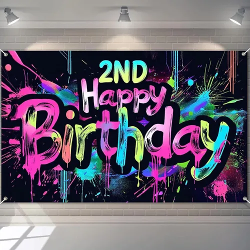 Miniatura 8 de HOMETITUTE Pancarta de Neón de Feliz 10mo Cumpleaños 71 x 43 pulgadas, Salpicadura de Pintura que Brilla en la Oscuridad, Telón de Fondo