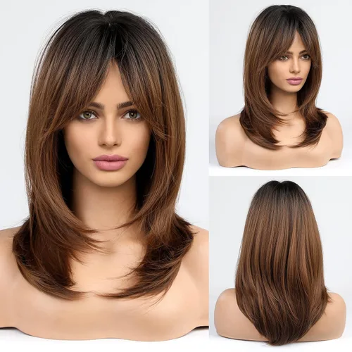Miniatura 11 de Alanhair MEACO - Pelucas color castaño rojizo para mujer, pelucas largas en capas naranjas con flequillo, pelucas de fibra sintética resistentes al