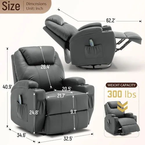 Miniatura 2 de Korser - Silla reclinable, silla mecedora con masaje y calor, sillas reclinables de giro 360° para adultos, silla mecedora manual con control remoto