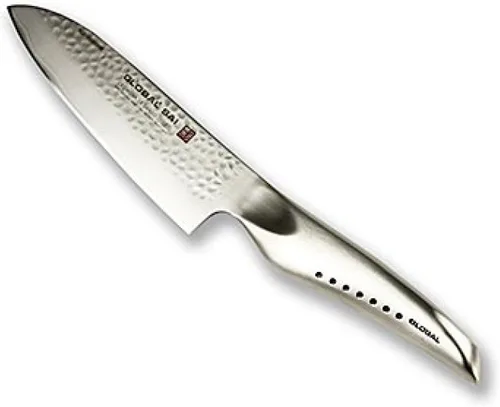 Global SAI - Cuchillo Santoku de 5 pulgadas, acero inoxidable japonés ligero, borde afilado, hoja martillada a mano, soporte para pulgar, fabricado