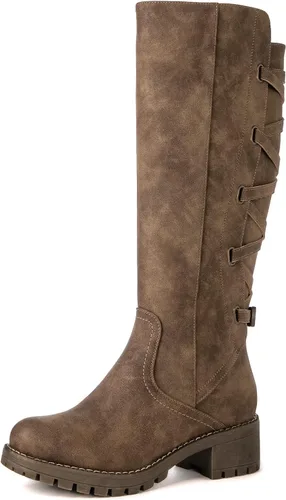 GLOBALWIN Women's Strappy Motorcycle Knee High Boots, Wide Calf Riding Boots Back Lace Up Fall Winter Fashion Knee High Boots For Women