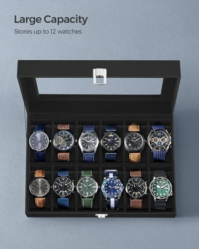 Miniatura 5 de SONGMICS Caja de reloj caja de reloj de 12 ranuras con tapa de cristal grande almohadas de reloj extraíbles organizador de caja de reloj regalo