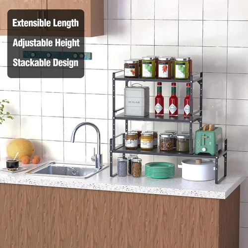 Miniatura 5 de Estante de almacenamiento expandible para armario de cocina, organizador de estantes de almacenamiento de despensa de metal apilables, estante