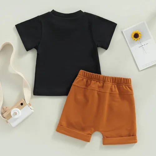 Miniatura 18 de Conjunto de traje de verano para bebé niño pequeño, manga corta, cuello redondo, letras impresas, lindo traje de verano, conjunto de 2 piezas