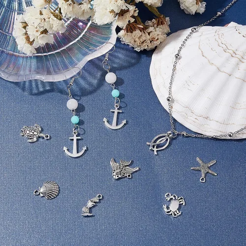 Miniatura 3 de PH PandaHall 180 dijes de concha de pez, 9 estilos de dijes de océano con 50 anillos de salto, colgante de estrella de mar, conchas marinas, peces 9