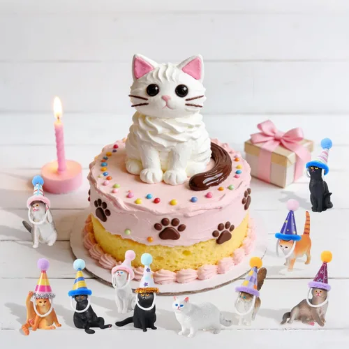 Miniatura 6 de 20 piezas de figuritas de gato en miniatura con kit de sombreros de cumpleaños, figuritas de gato pequeñas de resina, decoraciones para pasteles