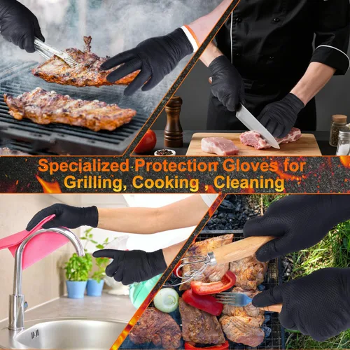 Miniatura 9 de Guantes ANBOSON para Barbacoa Desechables Resistente al Calor para Parrilla - 100 Guantes de Nitrilo + 4 Forros Reutilizables de Algodón