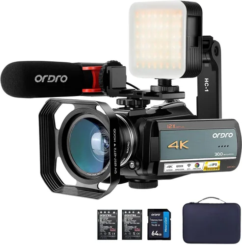 ORDRO Videocámara 4K AC5 Plus Videocámara de transmisión en vivo, cámara óptica de vlog 12X para YouTube, pantalla giratoria de 3.1 pulgadas, cámara