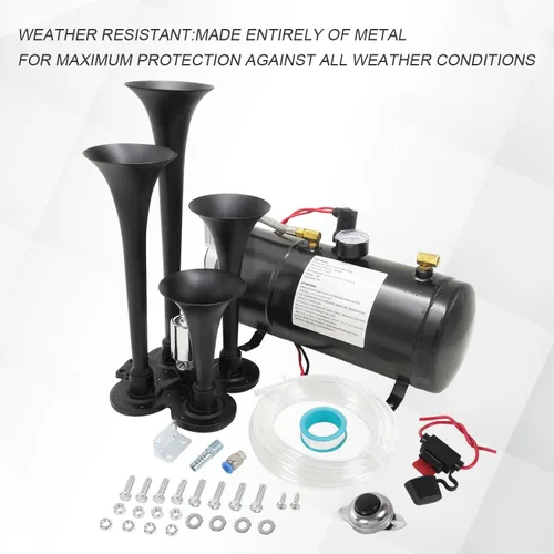 Miniatura 6 de Kit de bocinas de tren de 150DB con 4 trompetas, súper fuerte con compresor de aire de 150 PSI 12V, tanque compresor de bocina de aire