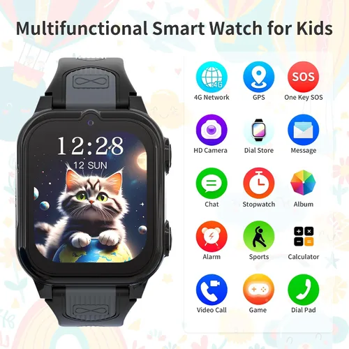 Miniatura 2 de Citfis Reloj inteligente 4G para niños con rastreador GPS, video y llamadas de voz, reloj GPS para niños de 5 a 12 años, cámara de chat SOS, Negro