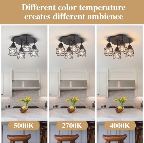 Miniatura 4 de Luminarias de techo para cocina de 4 luces con montaje al techo, lámpara de techo empotrada negra ajustable multidireccional, lámpara de jaula