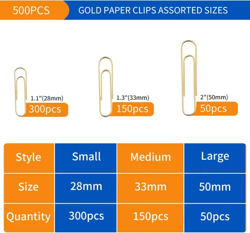 Miniatura 2 de FUDAO FAMILY Clips de papel de varios tamaños, 500 unidades, dorado, pequeño, mediano, grande
