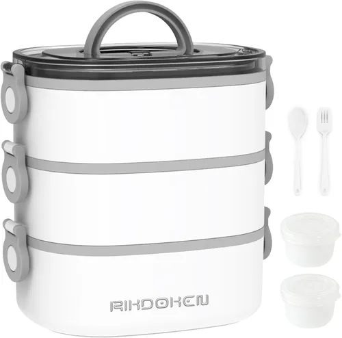 Miniatura 11 de RIKDOKEN Caja de almuerzo, contenedores apilables de 3 capas, lonchera portátil de gran capacidad de 94OZ a prueba de fugas con cajas para salsa