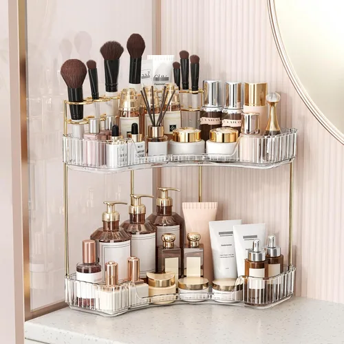 BEFSOP Organizador de esquina para mostrador de baño, organizador de maquillaje mejorado de 2 niveles con soporte para brochas de maquillaje,