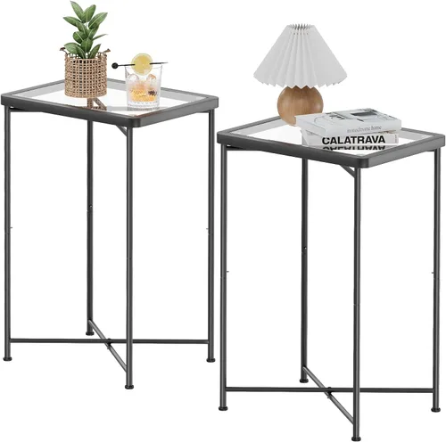 Miniatura 10 de Garden 4 you Mesa auxiliar pequeña, mesa auxiliar de cristal, mesa auxiliar para exteriores con marco de metal, mini mesita de noche para sala