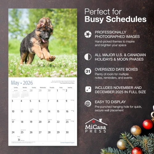 Miniatura 2 de MICASA PRESS Calendario de pared de cachorros de pastor alemán 2026 de 12 meses, 12 x 24 pulgadas, abierto, papel grueso y resistente, para regalo