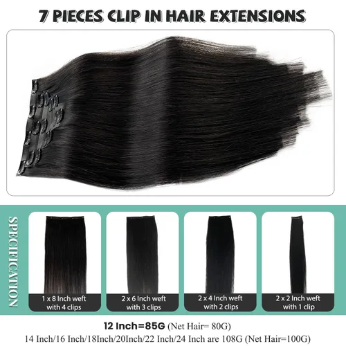 Miniatura 5 de Extensiones de cabello con clip sin costuras de cabello humano real, extensiones de cabello natural negro real con clip 7 piezas 100 g 36 cm