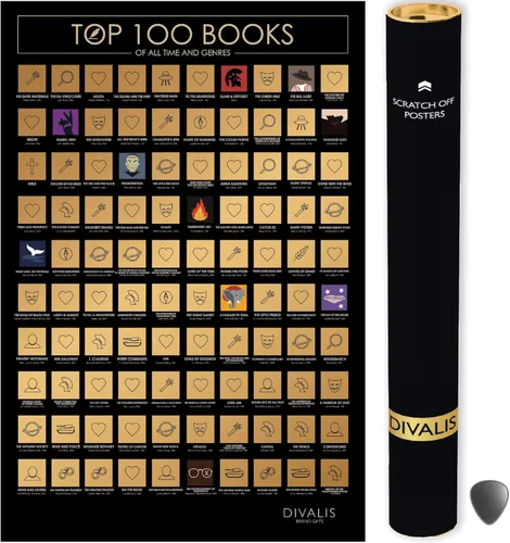 Divalis Póster de 100 libros con rascador – Fácil de enmarcar 24 x 16 – 100 libros imprescindibles de todos los tiempos – Tabla de lista de cubos de