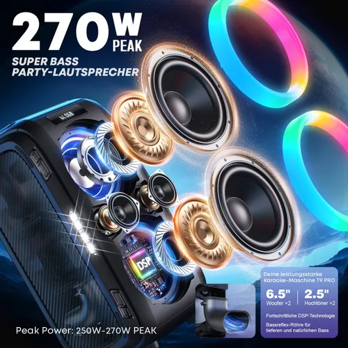 Miniatura 3 de W-KING 270W PEAK Altavoz de Fiesta Grande Bluetooth Más Fuerte/12 Graves Personalizados/Subwoofer Masivo de 125dB 6.5''x2 con Graves Profundos, Gran