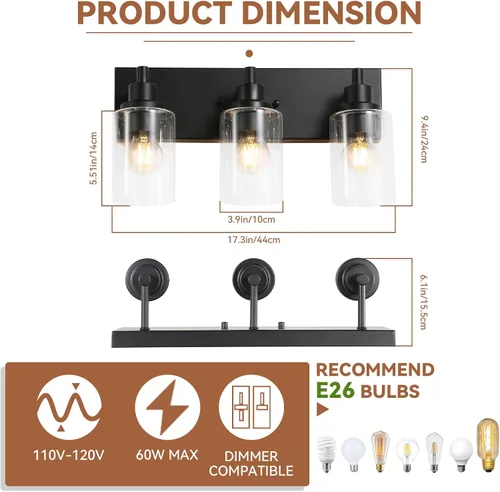 Miniatura 4 de LOUSACE Lámpara de tocador de baño de 3 luces, lámparas de baño negro mate sobre el espejo, iluminación moderna de baño con pantalla de vidrio