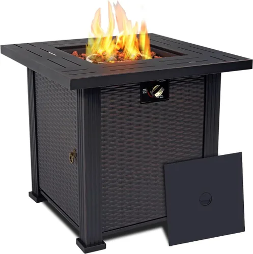 Miniatura 9 de Mesa para fogata de propano de 28 pulgadas, mesa de fuego de 50,000 BTU con tapa de acero, patas grandes, rocas de lava, pozo de fuego seguro
