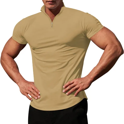 Miniatura 2 de LOGEEYAR Camisa polo de manga corta con cuello en V y cremallera para hombre, corte ajustado, camiseta atlética Henley