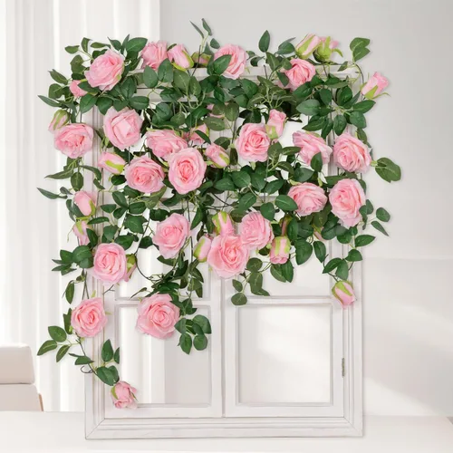 Miniatura 6 de U'Artlines Paquete de 5 guirnaldas florales de vid de rosas artificiales de color rosa en total de 32.5 pies, guirnalda de flores de seda de vid