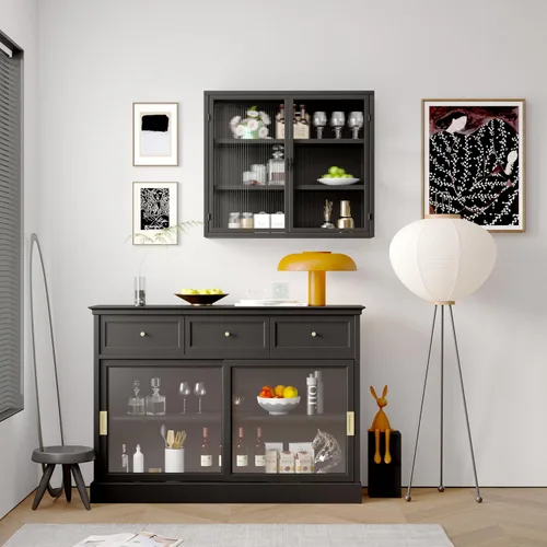 Miniatura 3 de Armario de pared de doble puerta de vidrio brumoso estilo retro con estantes desmontables para oficina, comedor, sala de estar, cocina y baño negro