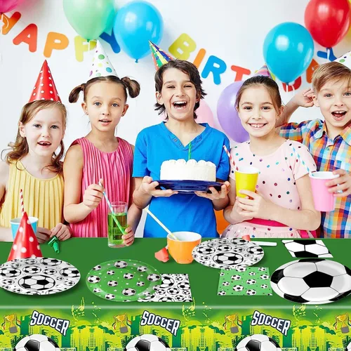 Miniatura 7 de 120 piezas de decoración de fiesta de fútbol, suministros de fiesta de cumpleaños de fútbol, juego de vajilla desechable con estampado de fútbol