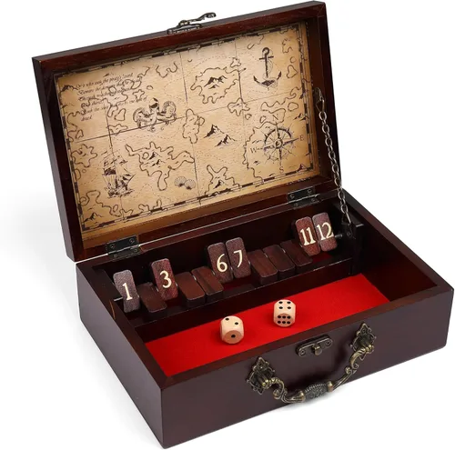STERLING Juego de 12 números Shut The Box Caja de madera Estuche de viaje con temática náutica Juego de dados familiares para niños y adultos