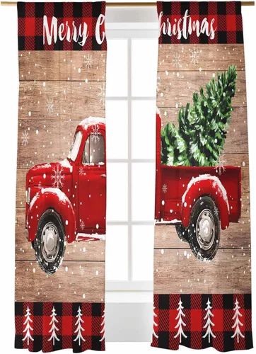 Miniatura 37 de Cortinas traslúcidas para camión rojo de Navidad de 45 pulgadas de largo, juego de 2 paneles de tablero de madera retro rústico con cuadros