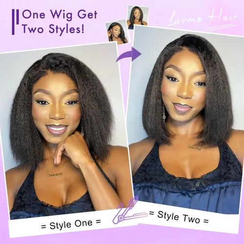 Miniatura 4 de Luvme Hair - Peluca Bob de encaje frontal con bordes rizados 4C, 10 pulgadas, cabello humano lacio tipo afro, sin pegamento, con separación profunda