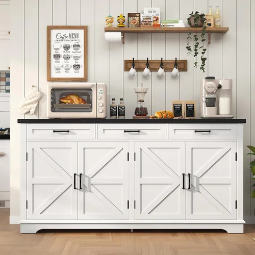 usikey Aparador grande de 61 pulgadas con 4 puertas y 3 cajones, mesa de buffet de granja, armario de almacenamiento de comedor para cocina o sala