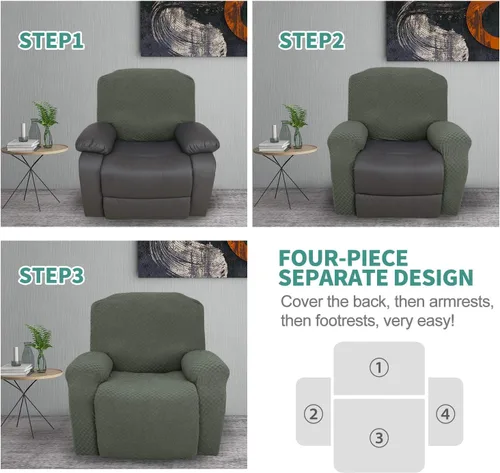 Miniatura 7 de YEMYHOM Funda elástica de 4 piezas para silla reclinable de jacquard con bolsillo lateral, antideslizante, ajustable, protector de muebles con parte