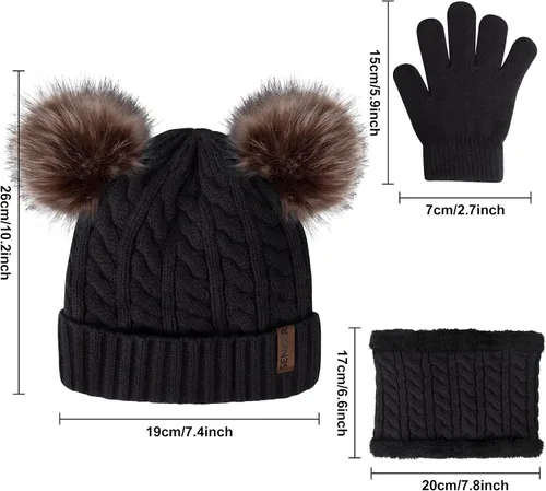 Miniatura 4 de Juego de 3 piezas de gorro de invierno para niños, bufanda y guantes para niñas y niños, gorro de invierno cálido, guantes y guantes para calentar