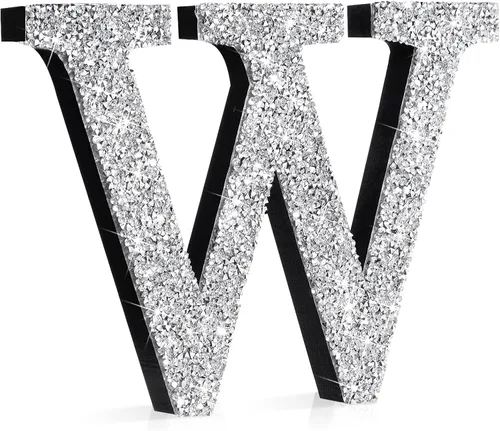 Miniatura 24 de Qunclay Letras brillantes de cristal plateado de 5.7 pulgadas, decoración de diamantes triturados, letra de madera con purpurina con tornillo