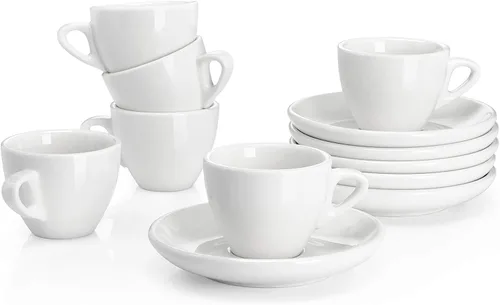 Sweese Tazas de espresso de 2 onzas con platillos, juego de 6 tazas de espresso de porcelana, color blanco