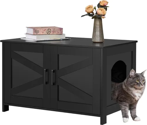 Caja de arena para gatos Homhedy, mueble de baño de madera para gatos con puerta de granero, casa para mascotas, se adapta a la mayoría de las cajas