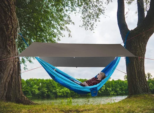 Miniatura 7 de Unigear Toldo para Hamaca contra Lluvia, Lona de Campamento de 16.5/14.4/13.1/9.8 pies, Protección UV e Impermeable y Ligera para Campamento, Marrón