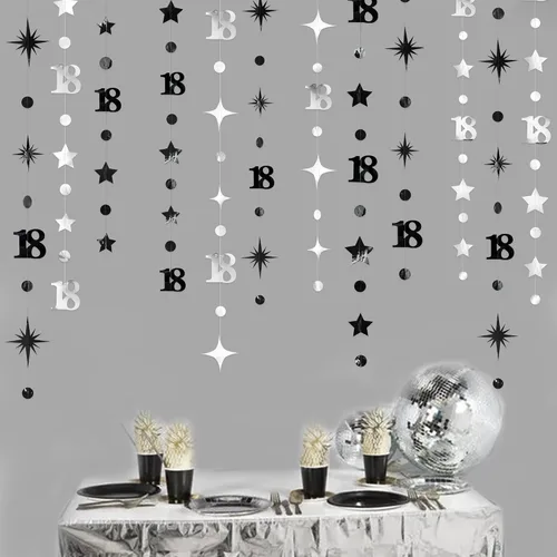 Miniatura 9 de Decoración de cumpleaños número 18 en negro, número 18 con punto circular, guirnalda de estrellas centelleantes, banderines de serpentina metálica