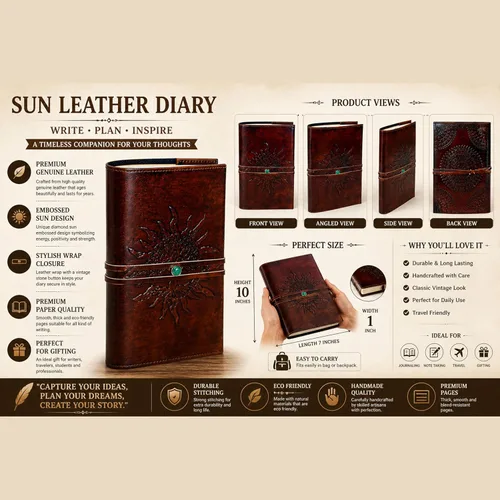 Miniatura 5 de Diario de Cuero Rellenable Papel Rayado SOL Árbol de la Vida Diario de Cuero Hecho a Mano Cuaderno Diario/Encuadernado Bloc Diario para Hombres