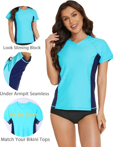 Miniatura 4 de Tournesol Women's Rash Guard Short Sleeve Swimsuit Swim Shirt UV Swimwear Tee Bathing Suit Tops only v Neck UPF50+