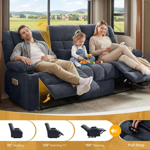 Miniatura 3 de BOSMILLER Sofá reclinable con portavasos para sala de estar, sofá manual de 3 asientos, reclinable con bolsillo lateral