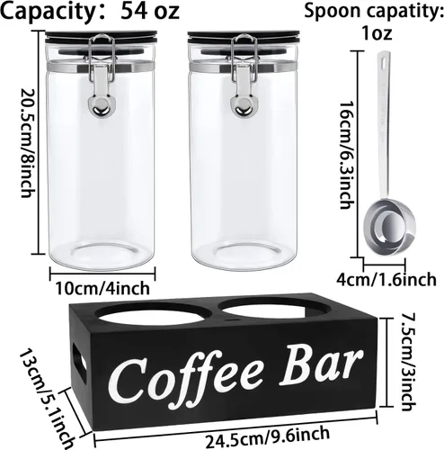 Miniatura 2 de WYTAOHZL 2 recipientes de café de vidrio con estante, organizador de estación de café de 54 oz, almacenamiento de granos de vidrio con cuchara